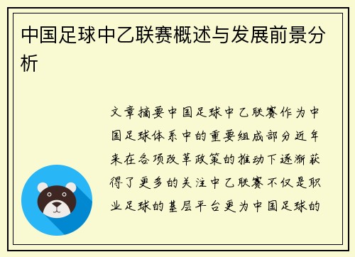 中国足球中乙联赛概述与发展前景分析 