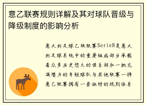 意乙联赛规则详解及其对球队晋级与降级制度的影响分析