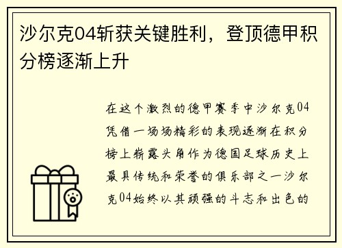 沙尔克04斩获关键胜利，登顶德甲积分榜逐渐上升