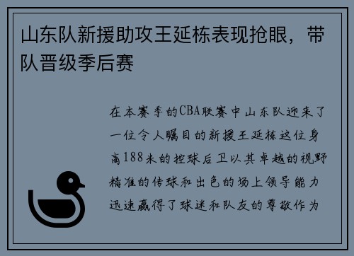 山东队新援助攻王延栋表现抢眼，带队晋级季后赛